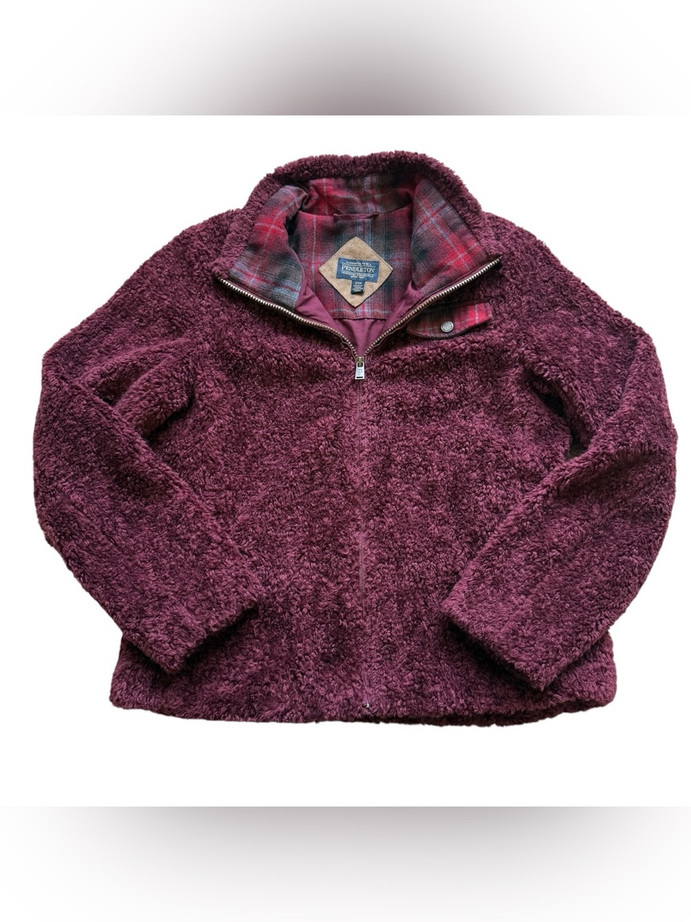Pendleton Women’s Sherpa Fleece Jacket S Burgundy Plaid Wool Full Zip Coat Fall